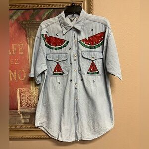 Connections NYC Light Blue Denim Shirt with Watermelon Accents